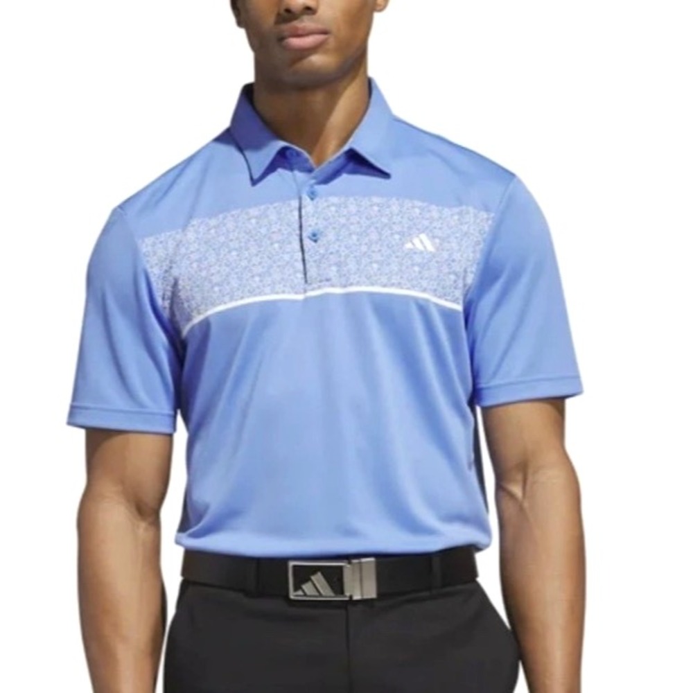 adidas Golf Polo Men Large Blue NEW Stretch Chest Print Short Sleeve 1836063